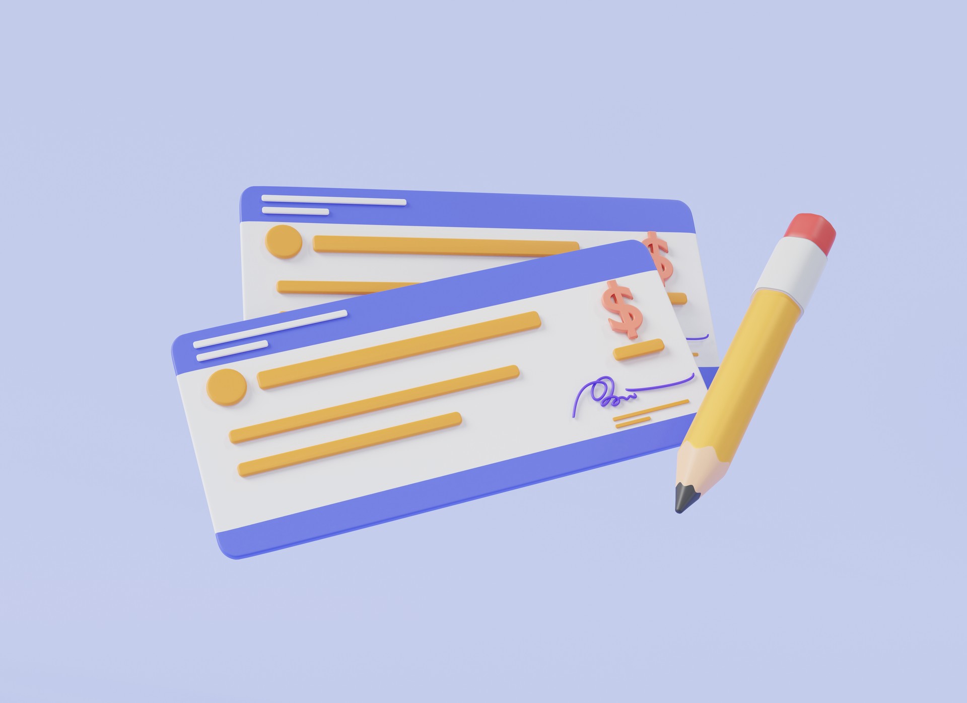 3d render illustration of Bank cheque icon with pen. Business financial banking, banking transaction, money, currency, shopping, ecommerce, budget, invoice, Bank check, earnings and payment of bills