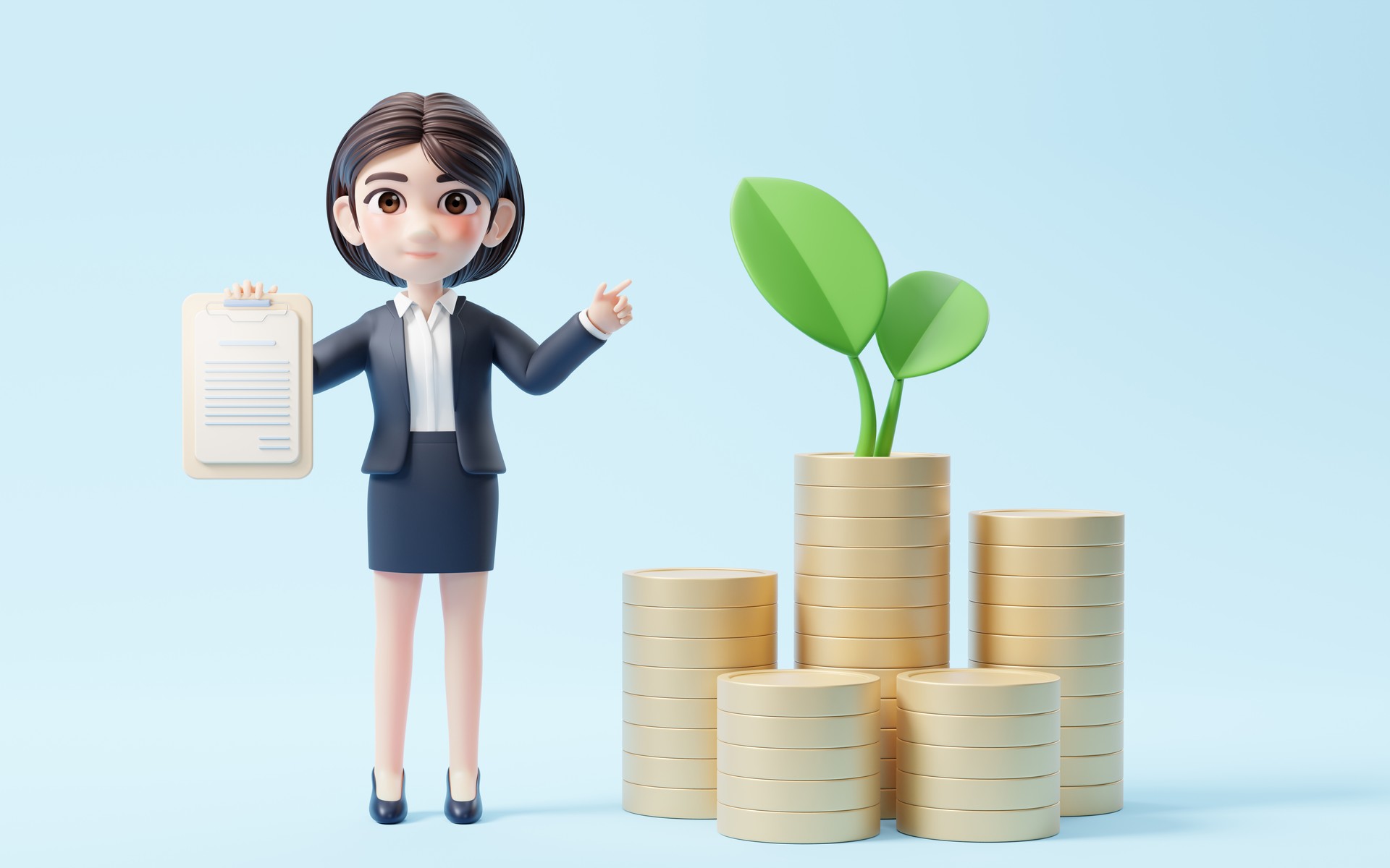 Business girl with investment and finance concept, 3d rendering.