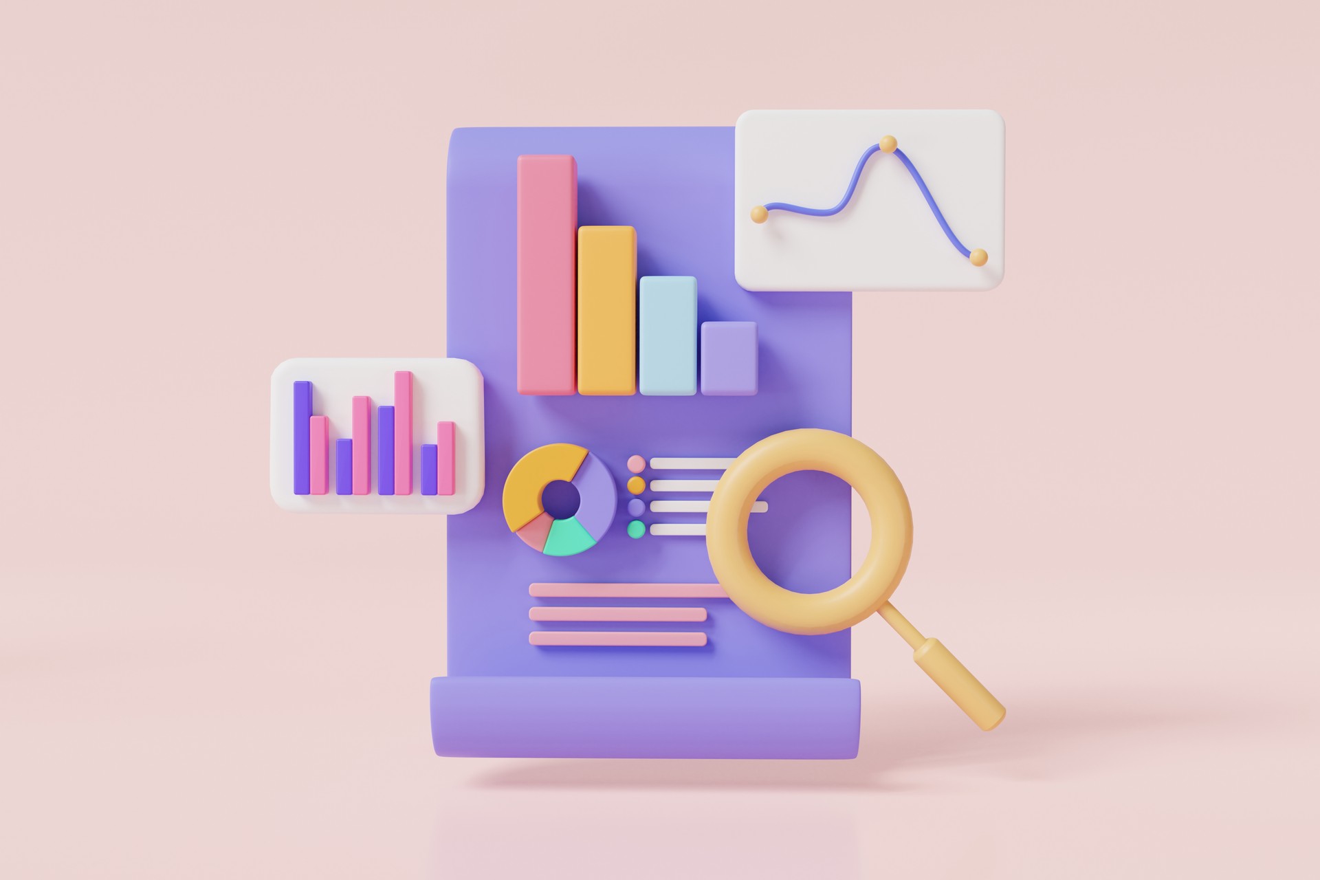 3d icon render illustration of Clipboard checklist with magnifying and Dashboard and Business report chart, business financial audit, financial research report, SEO optimization. Data analysis concept