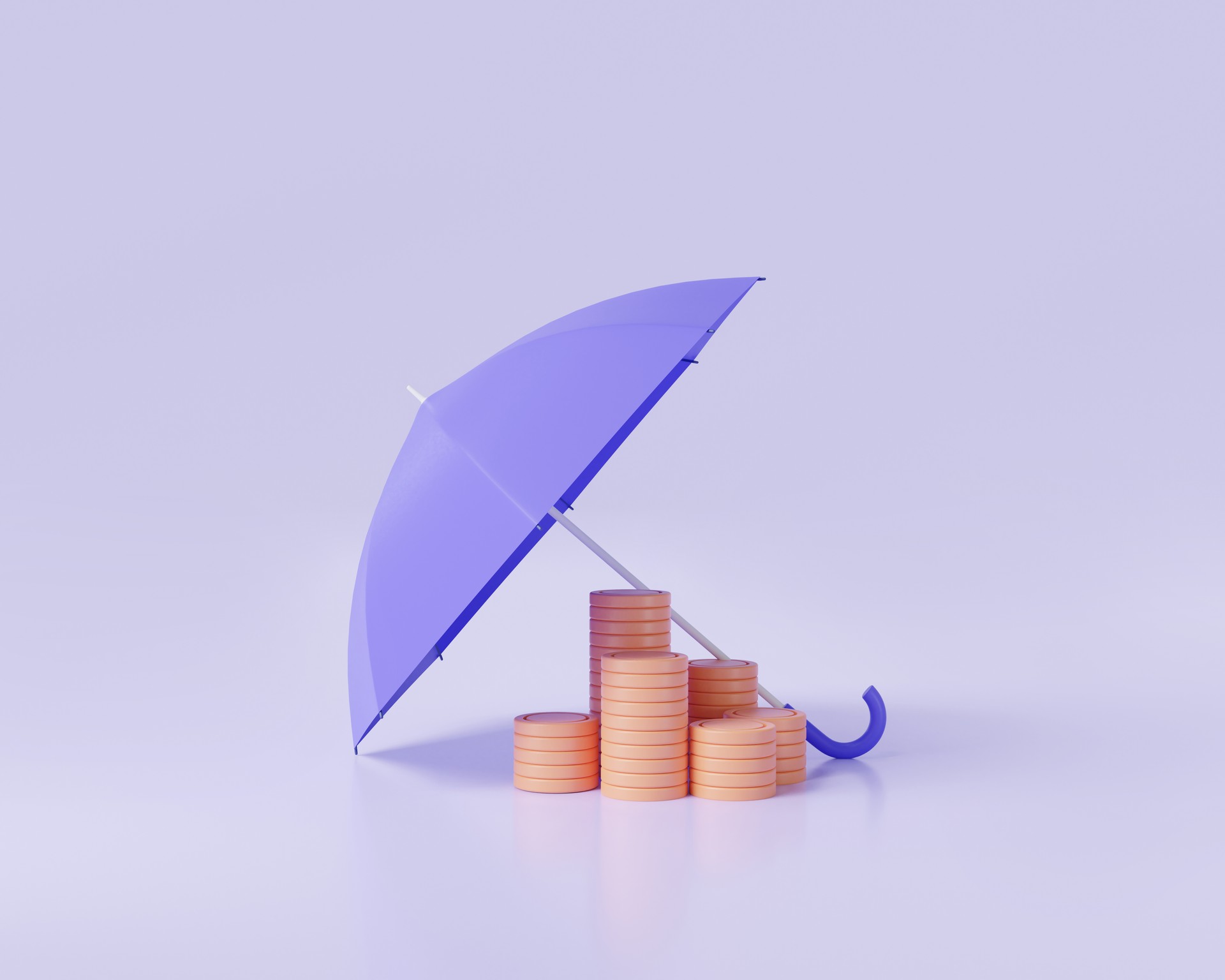 Financial safety and investment concept. Umbrella protecting on a pile of coins. Protection money, financial insurance, investment security, Financial stability. 3d minimal render illustration